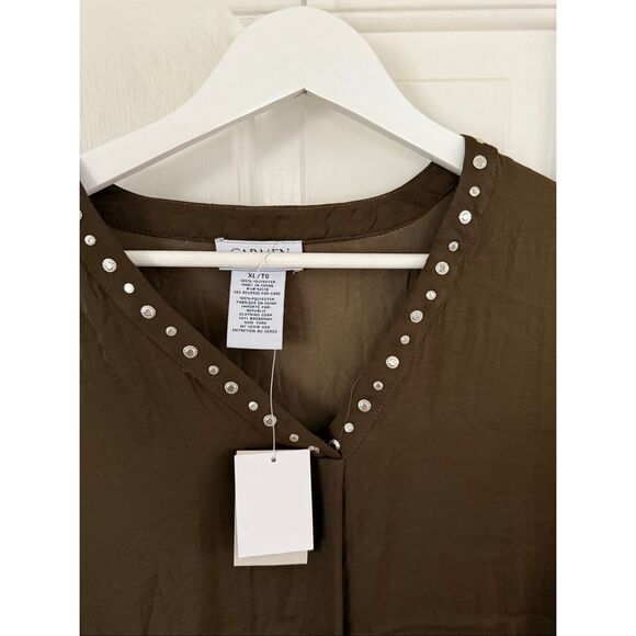 Carmen Marc Valvo Olive Brown Studded V-Neck Blouse sz XL NWT - Picture 2 of 6